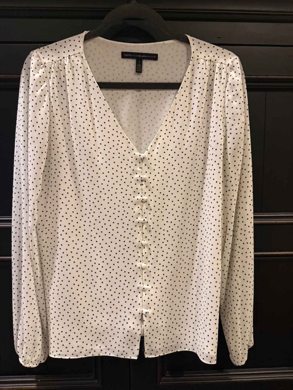 White House Black Market White Blouse with Black Polka Dots V-Neck Button Front